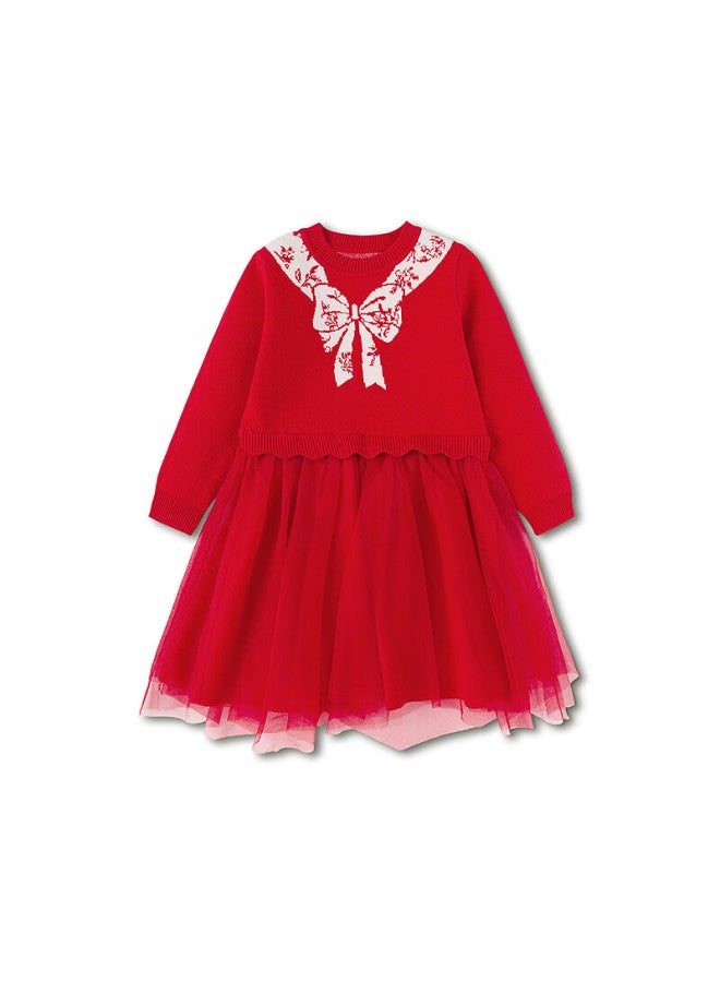 Balabala Girls' Mesh Princess Dress Spliced Red New Year Celebration Dress For Girls - Image 4
