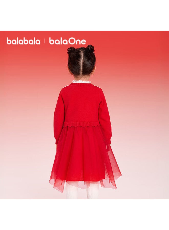 Balabala Girls' Mesh Princess Dress Spliced Red New Year Celebration Dress For Girls - Image 3