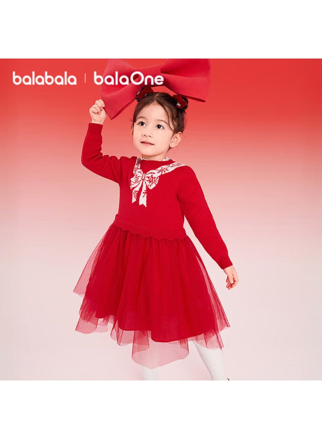 Balabala Girls' Mesh Princess Dress Spliced Red New Year Celebration Dress For Girls - Image 1