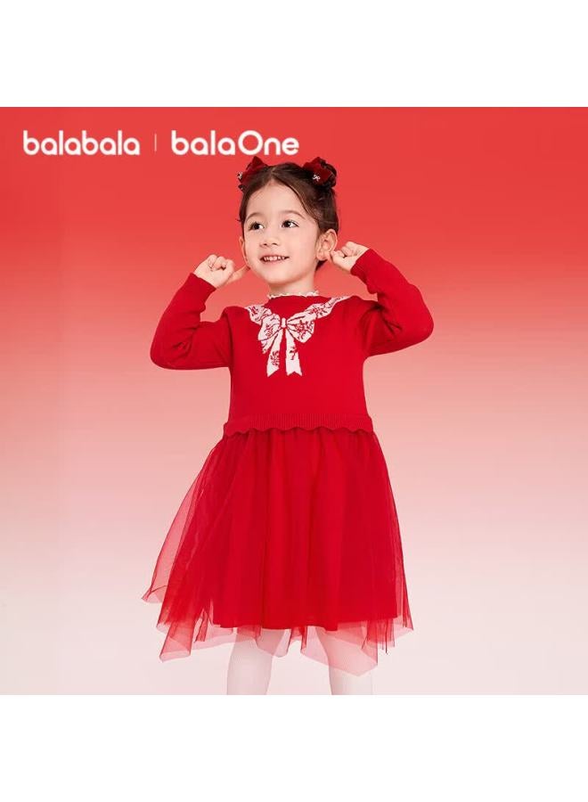 Balabala Girls' Mesh Princess Dress Spliced Red New Year Celebration Dress For Girls - Image 2