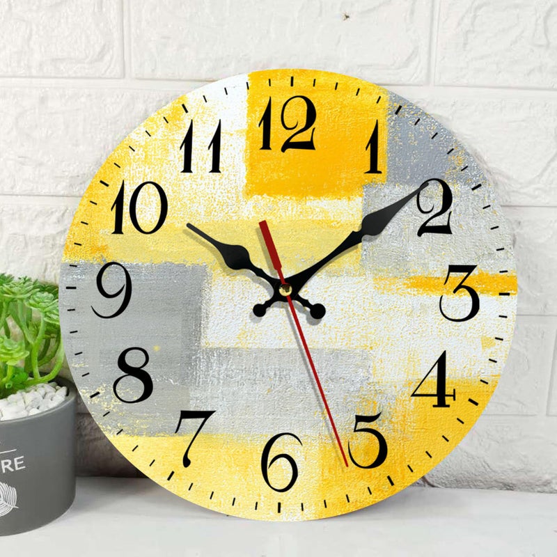 ArtSocket ArtSocket Wooden Wall Clock Silent NonTicking Yellow Grey Abstract Painting Gray Contemporary Art Vintage Round Wall Clocks Decor for Home Kitchen Living Room Office Battery Operated12 Inch