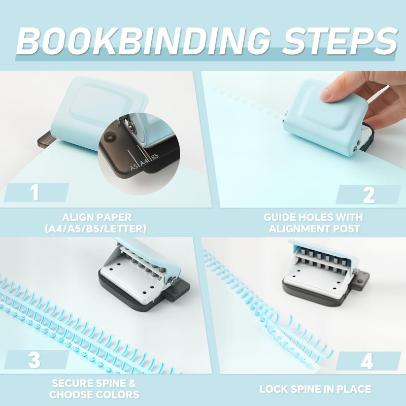TBSKTBE Spiral Binding Machine-Mini 6 Hole Puncher, DIY Creative Book Binder Machine for Planner, A4-30 Holes, A5-20 Holes, B5 26 Holes with 16 PCS 6-Hole Loose Leaf - Blue - Image 3