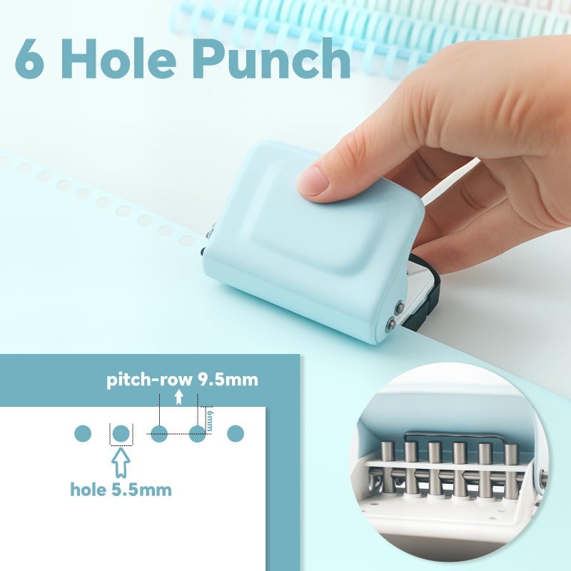 TBSKTBE Spiral Binding Machine-Mini 6 Hole Puncher, DIY Creative Book Binder Machine for Planner, A4-30 Holes, A5-20 Holes, B5 26 Holes with 16 PCS 6-Hole Loose Leaf - Blue - Image 2