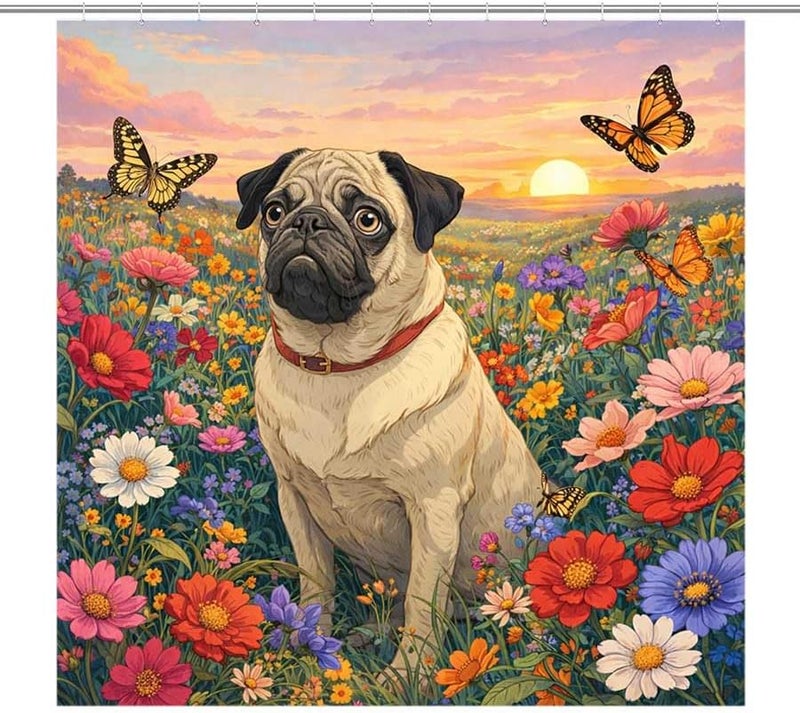 Pug in a Field of Flowers at sunsetShower Curtain for Bathroom Waterproof Tan Shower Curtain with Hooks 71 inch x 71 inch - Image 1
