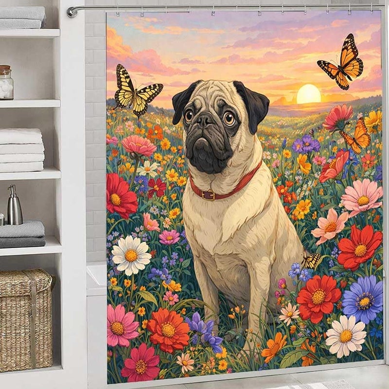 Pug in a Field of Flowers at sunsetShower Curtain for Bathroom Waterproof Tan Shower Curtain with Hooks 71 inch x 71 inch - Image 2