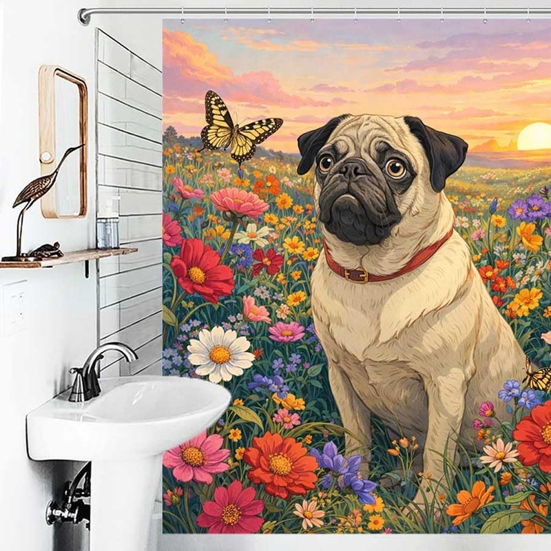 Pug in a Field of Flowers at sunsetShower Curtain for Bathroom Waterproof Tan Shower Curtain with Hooks 71 inch x 71 inch - Image 4