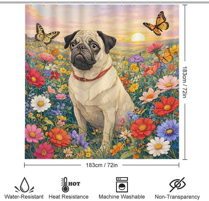 Pug in a Field of Flowers at sunsetShower Curtain for Bathroom Waterproof Tan Shower Curtain with Hooks 71 inch x 71 inch - Image 3