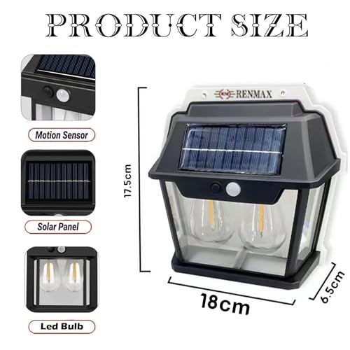 RENMAX Solar Powered Outdoor Waterproof LED Wall Light with Motion Sensor ABS Plastic (Dual LED Bulb) - Image 2