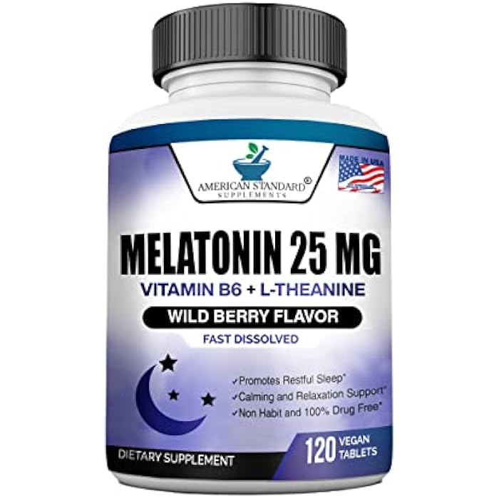 American Standard Supplements ميلاتونين 25 ملغ لكل قرص واحد، 120 قرص قابل للمضغ مع L-ثيانين وفيتامين B-6، يدعم دورة النوم الصحية، يعزز النوم الهادئ والمريح، نباتي، غير معدل وراثيًا، صنع في الولايات المتحدة - Image 1