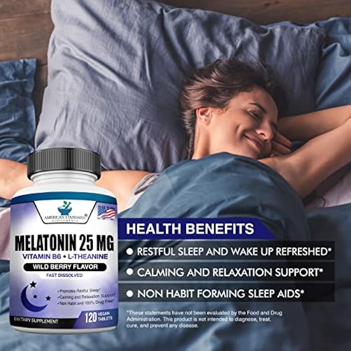 American Standard Supplements ميلاتونين 25 ملغ لكل قرص واحد، 120 قرص قابل للمضغ مع L-ثيانين وفيتامين B-6، يدعم دورة النوم الصحية، يعزز النوم الهادئ والمريح، نباتي، غير معدل وراثيًا، صنع في الولايات المتحدة - Image 4