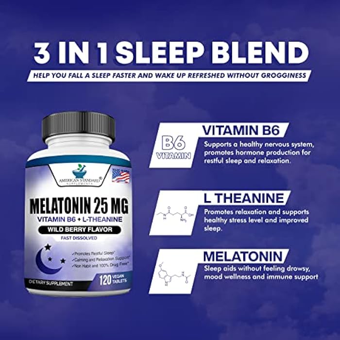 American Standard Supplements ميلاتونين 25 ملغ لكل قرص واحد، 120 قرص قابل للمضغ مع L-ثيانين وفيتامين B-6، يدعم دورة النوم الصحية، يعزز النوم الهادئ والمريح، نباتي، غير معدل وراثيًا، صنع في الولايات المتحدة - Image 3
