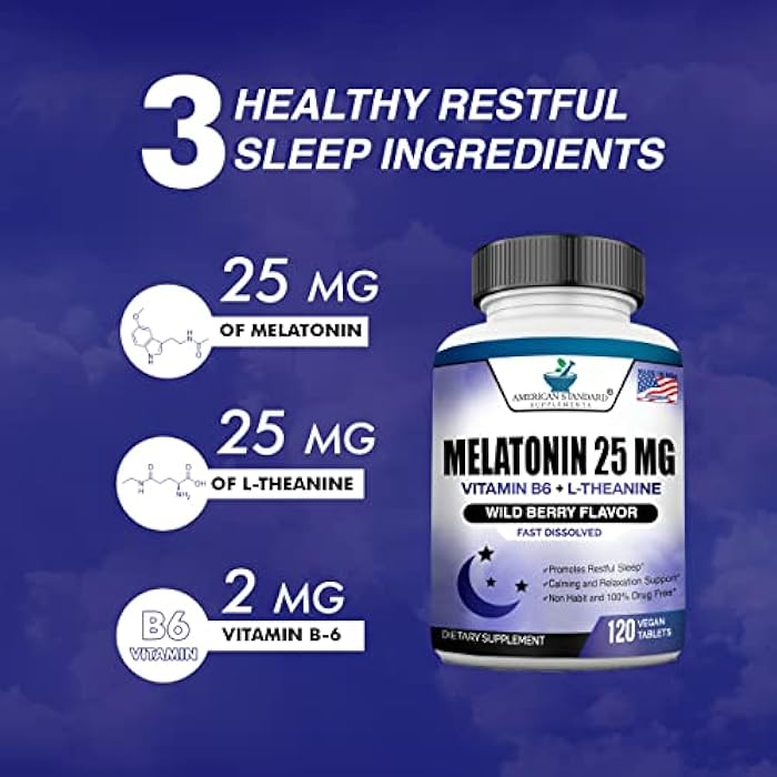 American Standard Supplements ميلاتونين 25 ملغ لكل قرص واحد، 120 قرص قابل للمضغ مع L-ثيانين وفيتامين B-6، يدعم دورة النوم الصحية، يعزز النوم الهادئ والمريح، نباتي، غير معدل وراثيًا، صنع في الولايات المتحدة - Image 5