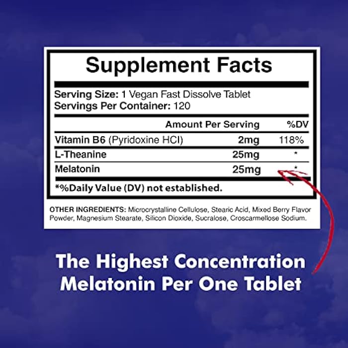 American Standard Supplements ميلاتونين 25 ملغ لكل قرص واحد، 120 قرص قابل للمضغ مع L-ثيانين وفيتامين B-6، يدعم دورة النوم الصحية، يعزز النوم الهادئ والمريح، نباتي، غير معدل وراثيًا، صنع في الولايات المتحدة - Image 2