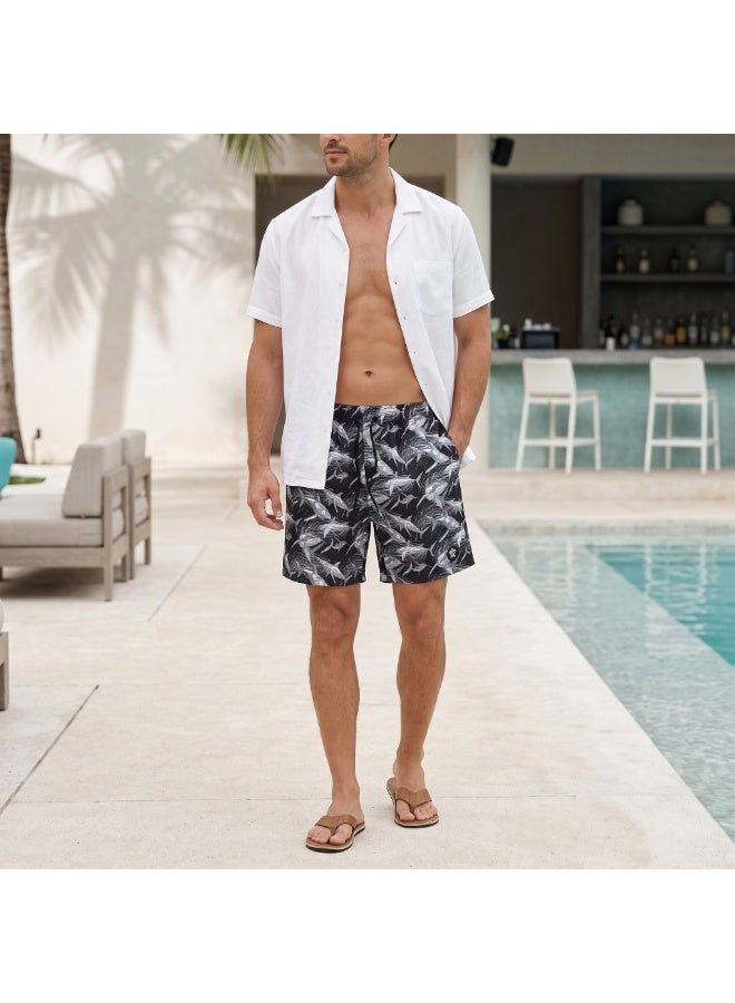 IceZone Men's Quick-Dry Swim Trunks, Black & White Midnight Shark Palm Print, Mesh-Lined Board Shorts with Drawstring & Side Pockets - Image 1