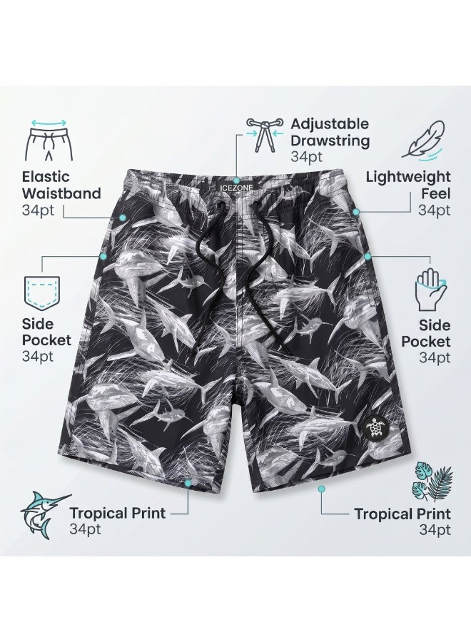 IceZone Men's Quick-Dry Swim Trunks, Black & White Midnight Shark Palm Print, Mesh-Lined Board Shorts with Drawstring & Side Pockets - Image 2