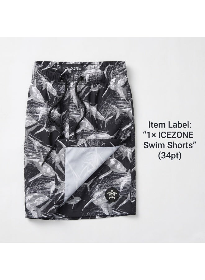 IceZone Men's Quick-Dry Swim Trunks, Black & White Midnight Shark Palm Print, Mesh-Lined Board Shorts with Drawstring & Side Pockets - Image 3