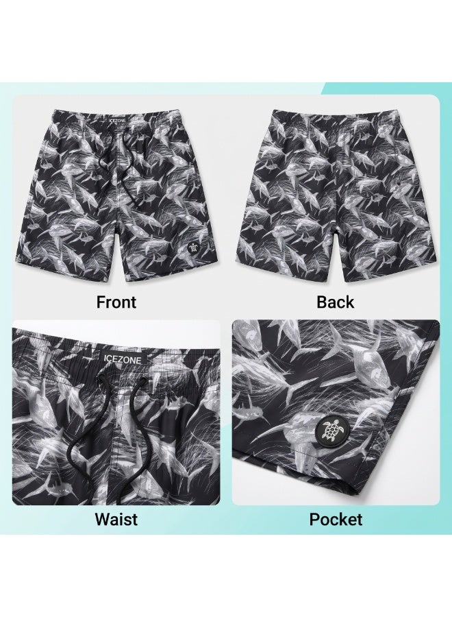 IceZone Men's Quick-Dry Swim Trunks, Black & White Midnight Shark Palm Print, Mesh-Lined Board Shorts with Drawstring & Side Pockets - Image 4