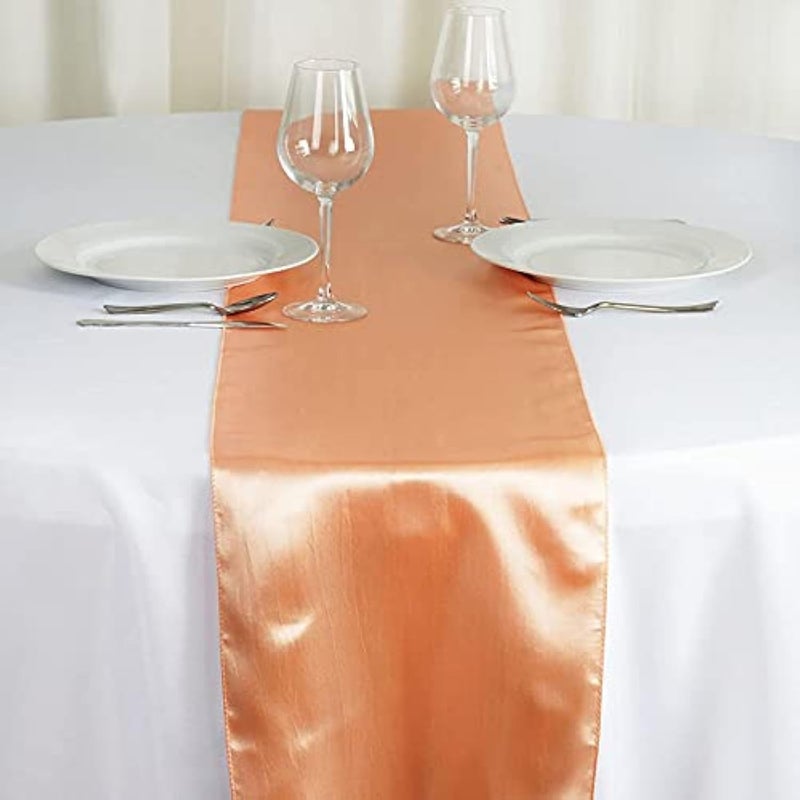 BEEKAY 10 Pc 12 x 108 inch Long Charmeuse Satin Table Runners Bright Shiny Satin Smooth Fabric Runners for Table Decorations Great for Birthday PartiesBaby Shower Banquet Wedding  Peach