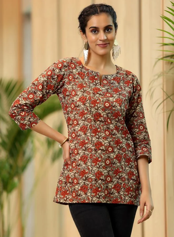 Libas Brown Printed Cotton Straight Kurti