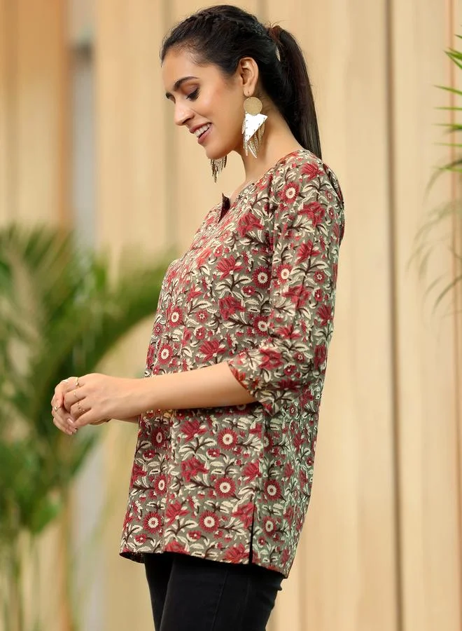 Libas Brown Printed Cotton Straight Kurti