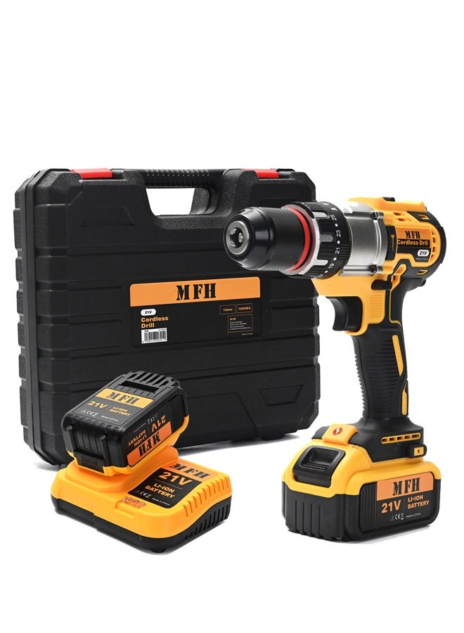 MFH TOOLS 21V Cordless Drill - 13mm - 1500mA - 2 Li-Ion Batteries with Charger, Variable Speed 0-2000 RPM, Keyless Chuck, and Storage Case with Drill Driver Kit, and 13 Bits for Home DIY, Repairs - Image 1