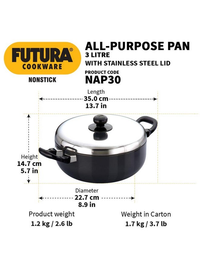 Hawkins Futura Nonstick All-Purpose Pan with Stainless Steel Lid, Capacity 3 Litre, Diameter 22 cm, Thickness 3.25 mm, Black (Q78) - Image 3
