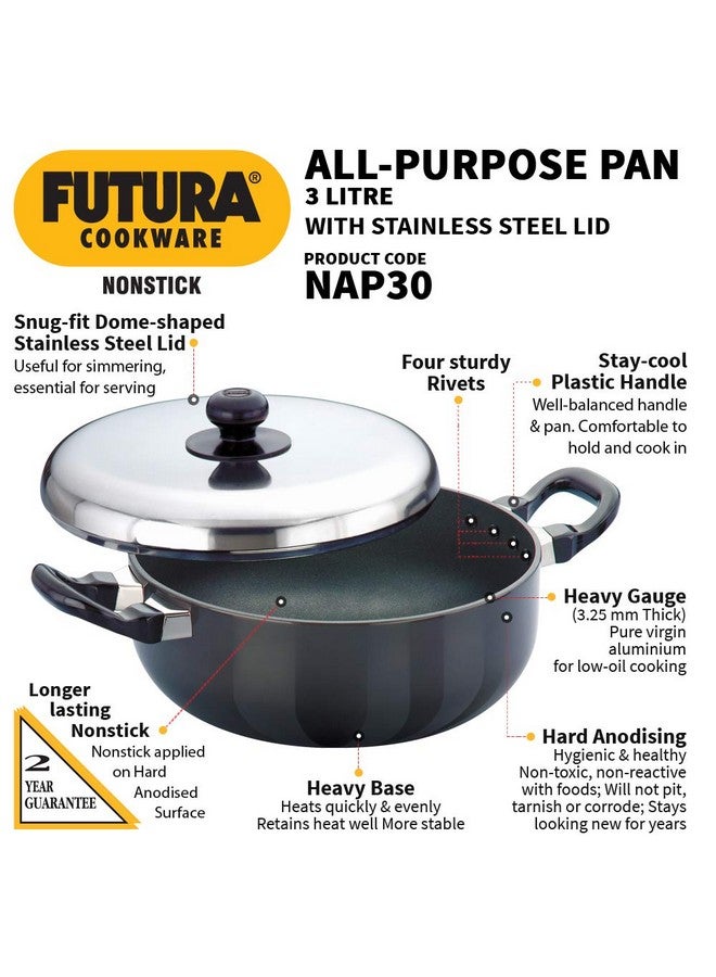 Hawkins Futura Nonstick All-Purpose Pan with Stainless Steel Lid, Capacity 3 Litre, Diameter 22 cm, Thickness 3.25 mm, Black (Q78) - Image 2