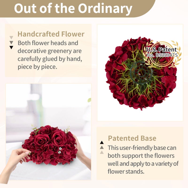 NUPTIO Flower Balls for Centerpieces Wedding: 2 Pcs 11.8 inch Diameter Artificial Flower Ball Arrangement Bouquet Centerpiece for Tables - Burgundy Fake Rose Flowers for Wedding Decor - Image 5