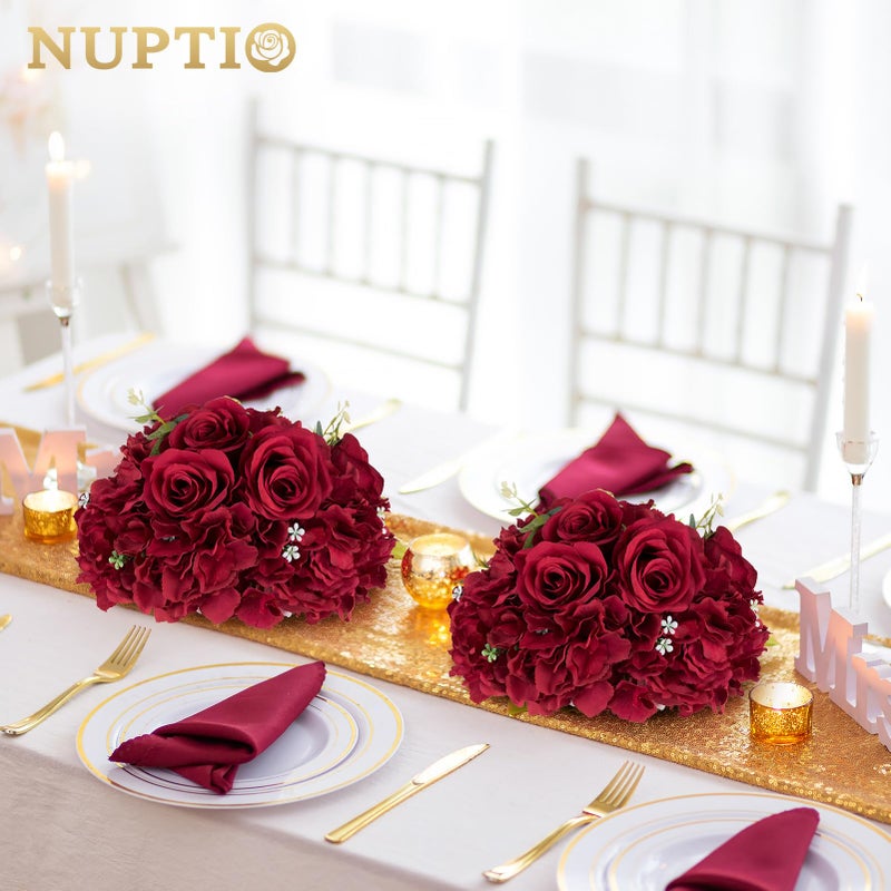 NUPTIO Flower Balls for Centerpieces Wedding: 2 Pcs 11.8 inch Diameter Artificial Flower Ball Arrangement Bouquet Centerpiece for Tables - Burgundy Fake Rose Flowers for Wedding Decor - Image 2