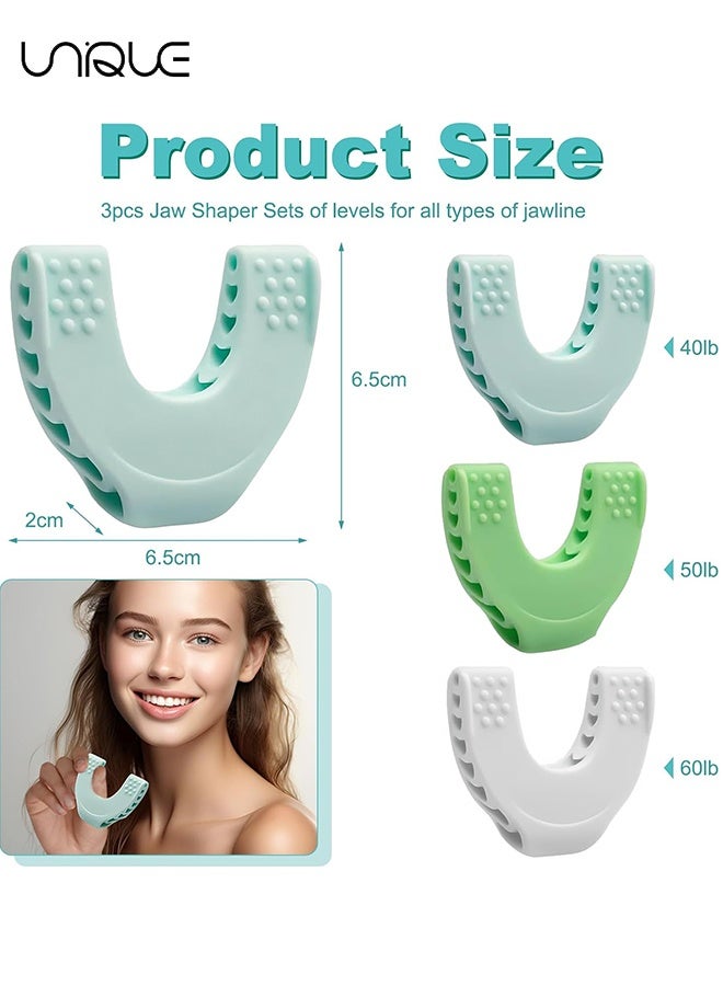 يونيك 3 قطع من تمرين الفك للرجال والنساء - 3 مستويات مقاومة تونر الفك السيليكوني للمستخدمين المبتدئين والمتوسطين والمتقدمين - Jawline Workoutr & Jawline Shaper (أبيض / أزرق فاتح / أخضر) - Image 2