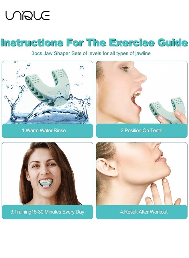 يونيك 3 قطع من تمرين الفك للرجال والنساء - 3 مستويات مقاومة تونر الفك السيليكوني للمستخدمين المبتدئين والمتوسطين والمتقدمين - Jawline Workoutr & Jawline Shaper (أبيض / أزرق فاتح / أخضر) - Image 5