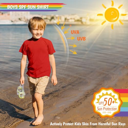 Smarash Boys Swim Shirts Short Sleeve Rash Guard Sun Protection UV SPF T Shirts Rashguard Swimwear Fishing Water Beach Tee Lightweight for Toddler Youth Kids Red Size 8 - Image 2