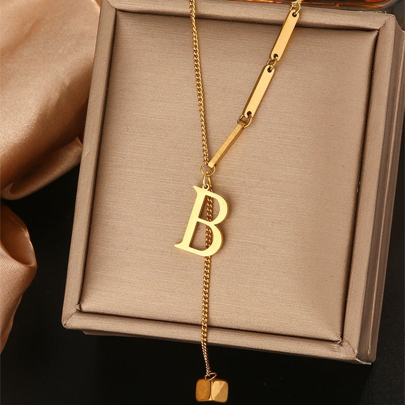 Vital Titanium Steel Tassel Collarbone Necklace for Women, 26 Letter Initial Pendant, Fade-Resistant Minimalist Jewelry