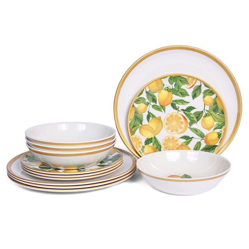 Melamine Dinnerware Sets 12pcs Melamine Plates and Bowls Set for 4Indoor and Outdoor Dinnerware Lemon dinnerware set