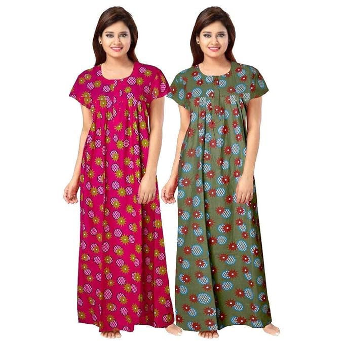 KBNBJ Women's Cotton Printed Maxi Nighty (Pack of 2) (Free Size, 3 Rani & Mehndi) - Image 1