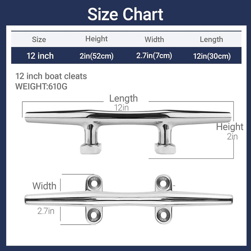 OSTARE Boat Cleats 4 inch,5 inch,6 inch,8 inch,10 inch,12 inch Marine Dock Cleats 316 Stainless Steel Rope Cleats Boat Mooring Accessories with Fasteners - Image 2