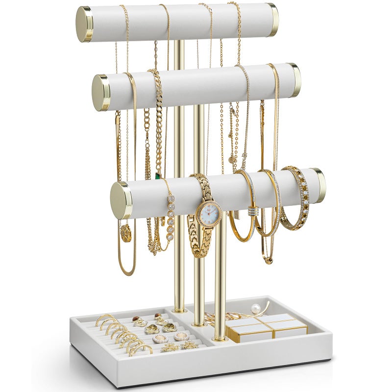 VLANDO 3 Tier Bracelet Holder Organizer with Tray Leather Jewelry Stand Organizer for Women Jewelry Holder Display for Necklace Watches Rings Earrings Bangle Scrunchie White - Image 2