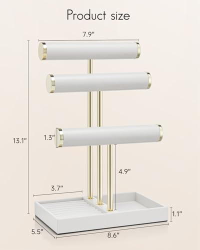 VLANDO 3 Tier Bracelet Holder Organizer with Tray Leather Jewelry Stand Organizer for Women Jewelry Holder Display for Necklace Watches Rings Earrings Bangle Scrunchie White - Image 3