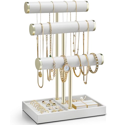 VLANDO 3 Tier Bracelet Holder Organizer with Tray Leather Jewelry Stand Organizer for Women Jewelry Holder Display for Necklace Watches Rings Earrings Bangle Scrunchie White - Image 1