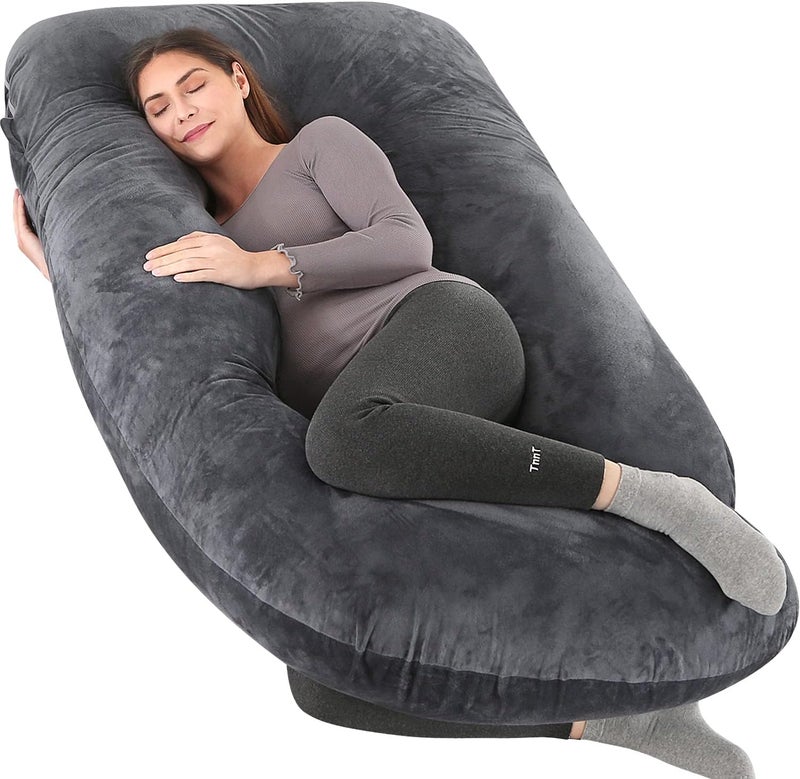 Elover Pregnancy Must Haves Pregnancy Pillow U-Shaped Full Body Maternity Support Pillow for Pregnant Women with Replaceable and Washable Velvet Cover Size 57" (Black,Velvet) - Image 1