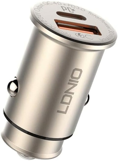 LDNIO C506Q Fast Car Charger 30W With 2 USB Port Including 1 QC4+ and 1 PD USB-C Port With USB-C to USB-C Cable - Gold