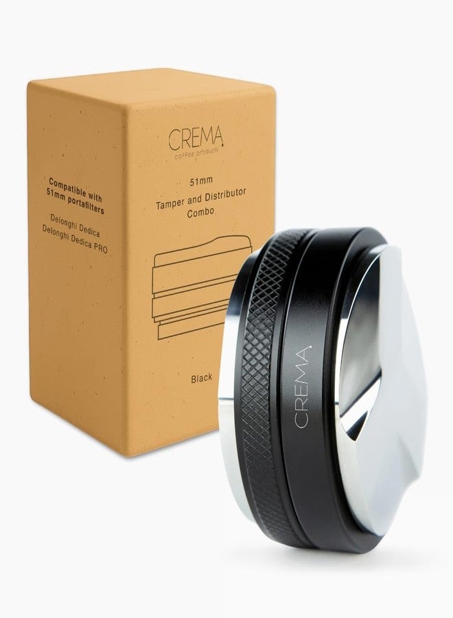 Crema Coffee Products 51mm Hand Tamper & Coffee Distributor|Compatible with Delonghi Dedica & La Specialista Portafilter|Double-Sided, Adjustable Depth Tool|Made with Durable 304 Stainless Steel|Black - Image 1