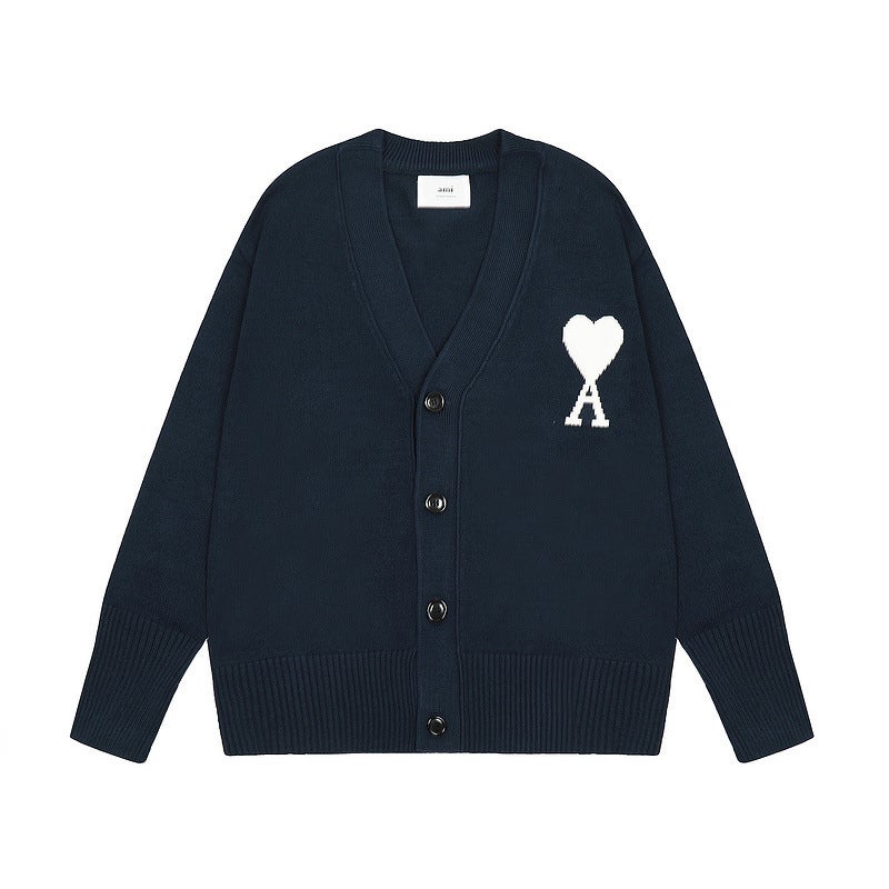 Japanese-Style New Heart Embroidery Loose Lazy Style Long-Sleeve Unisex Couple Knit Sweater Cardigan Women'S Coat - Image 1