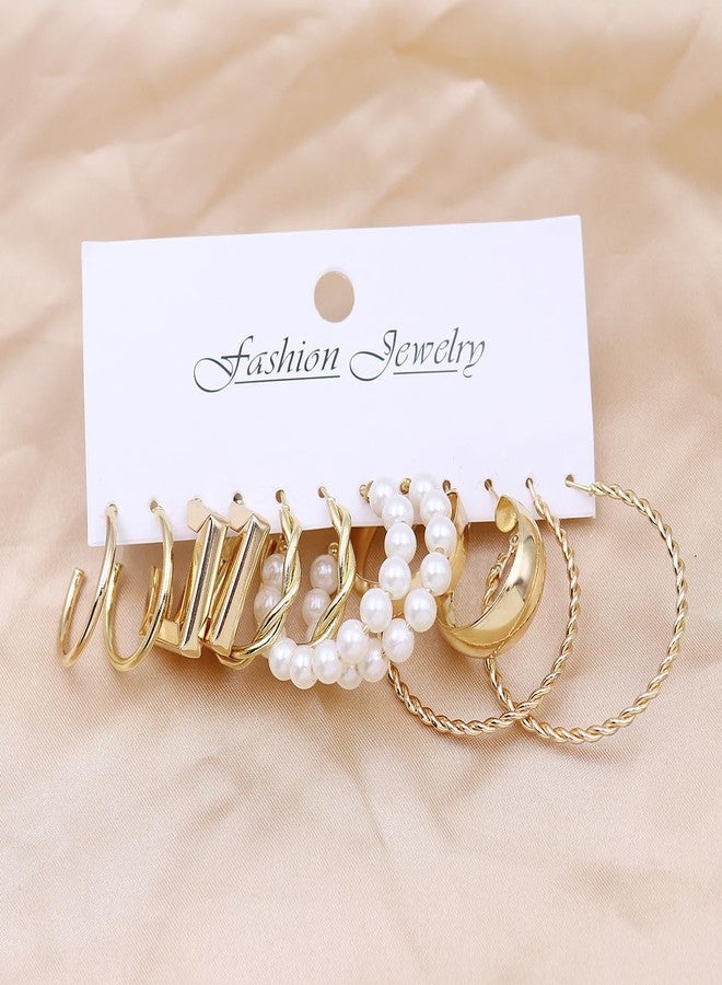 AMAAL Earrings set for women 6 pairs | Earrings for Women Girls | Fashion Gold Stud & Hoop Set | Gold Hoop & Studs Earring Pearl Stylish | Western Hoop Earrings Combo Birthday Gift Anniversary Wife - Image 4