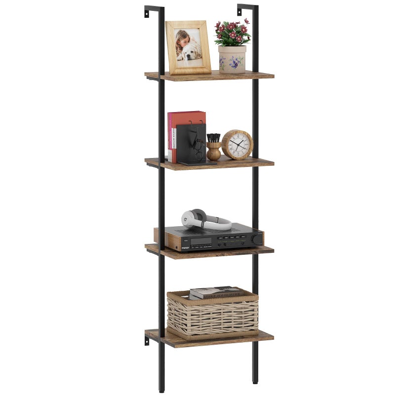 Wolawu Wolawu Ladder Shelf 4 Tiers Metal Industrial BookshelfBrown Wood Tall Open Storage Rack and Display ShelvesWall Mount Wide Book Case for Home Office BedroomSmall 