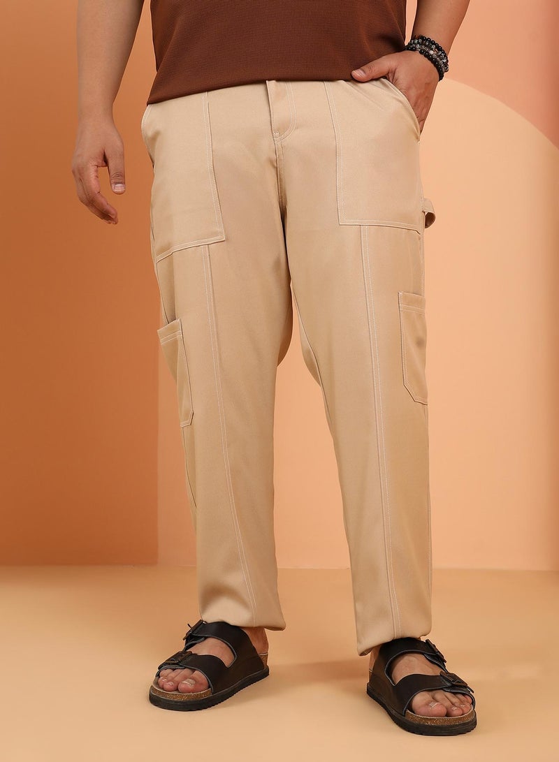 Instafab Plus Men's Khaki Beige Contrast-Stitch Carpenter Utility Trousers For Casual Wear | Mid-Rise | Straight Fit | Button Closure | Plus Size Trousers Crafted With Comfort Fit For Everyday Wear - Image 2