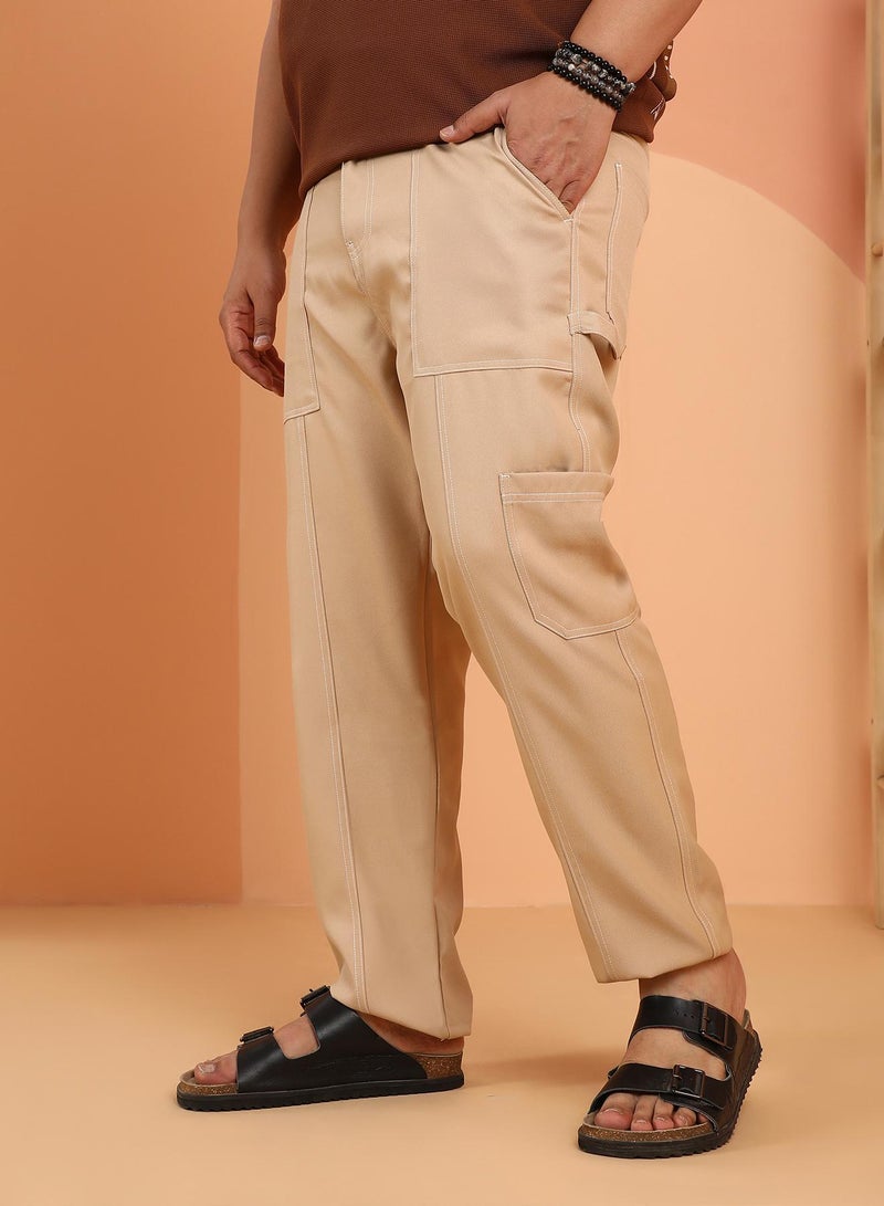 Instafab Plus Men's Khaki Beige Contrast-Stitch Carpenter Utility Trousers For Casual Wear | Mid-Rise | Straight Fit | Button Closure | Plus Size Trousers Crafted With Comfort Fit For Everyday Wear - Image 3