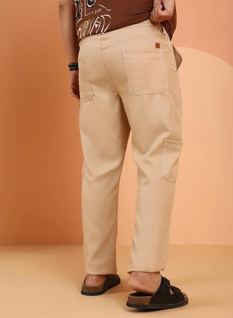 Instafab Plus  Instafab Plus Men's Khaki Beige Contrast-Stitch Carpenter Utility Trousers For Casual Wear | Mid-Rise | Straight Fit | Button Closure | Plus Size Trousers Crafted With Comfort Fit For Everyday Wear for Men | Best Price UAE