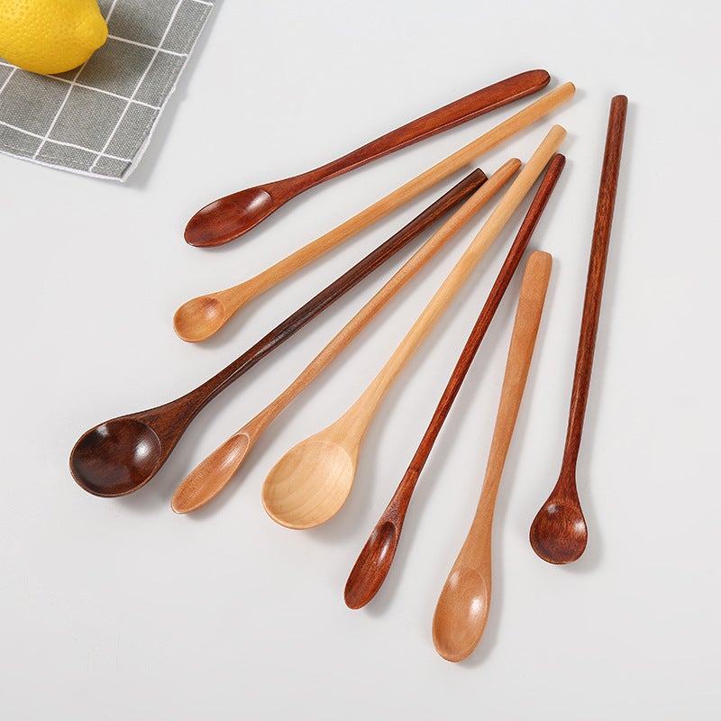 Japanese-Style Creative Long Handle Thin Handle Wooden Spoon Household Thin Handle Honey Spoon Coffee Spoon Lotus Nanmu Mixing Spoon - Image 2
