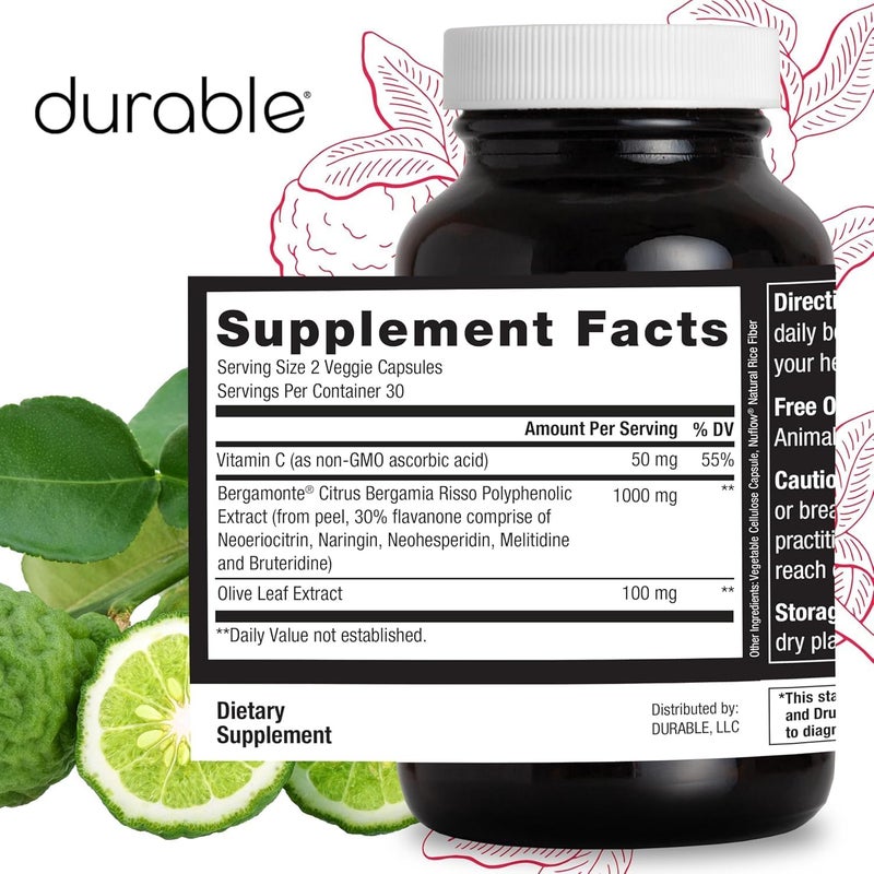 Durable Heart  ExtraStrength 1000 mg Bergamonte Citrus Bergamot Olive Leaf Extract NonGMO Vitamin C  Natural Heart Health Supplement  Made in The USA 1 Bottle - Image 3